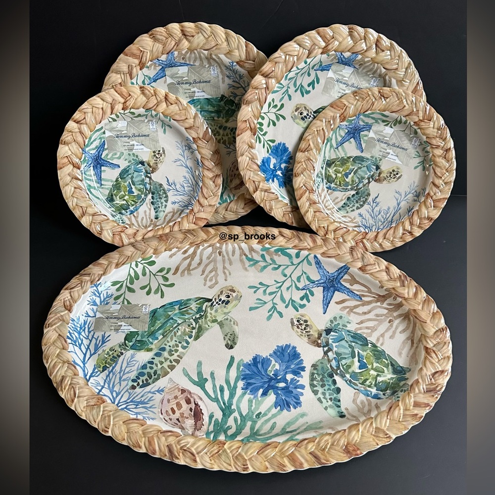 🎁5PC Tommy Bahama Melamine Dinnerware - 1 Tray (20.75”) 4 Plates (11” and 9”)